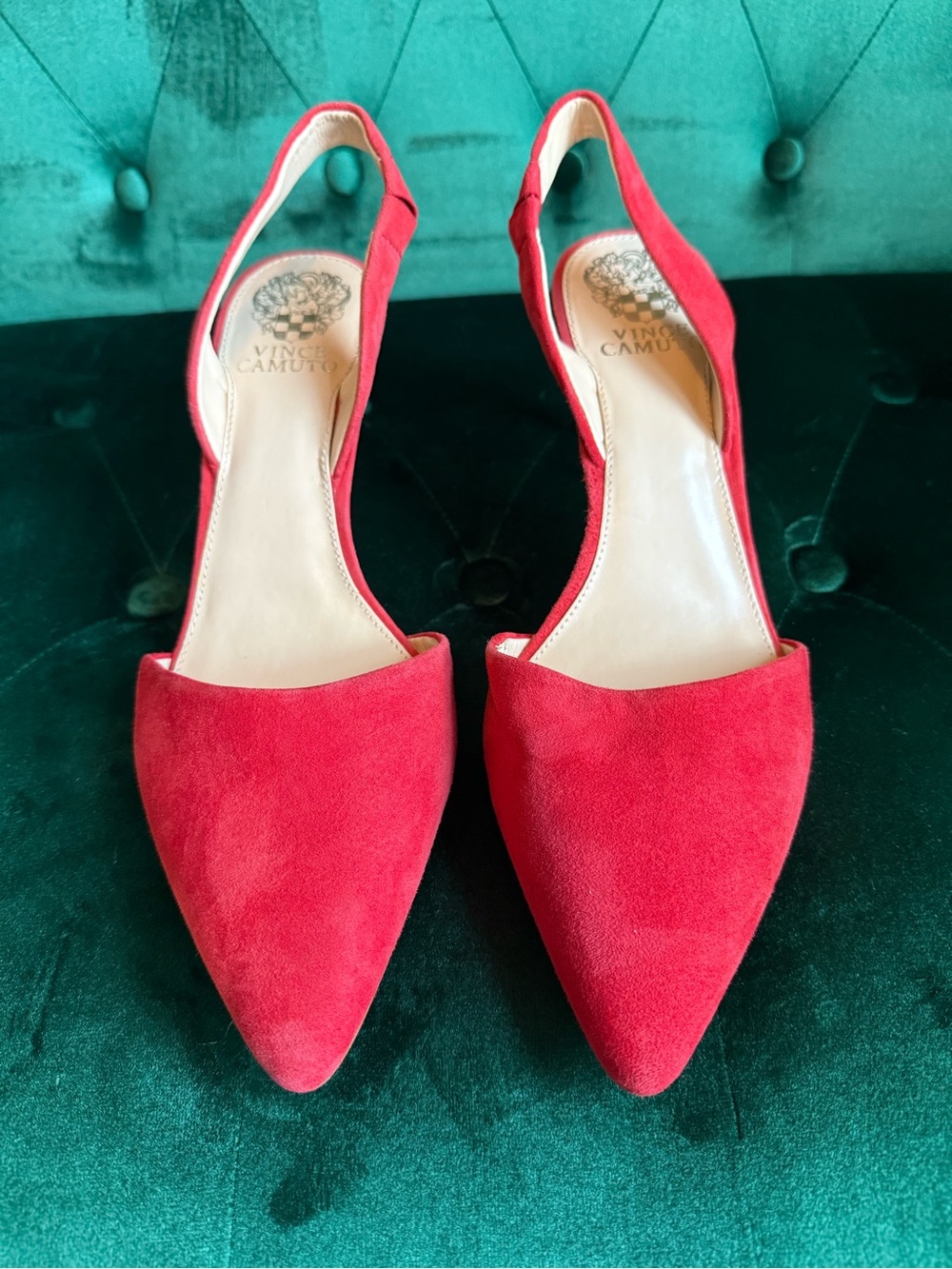 Vince Camuto Red Suede Slingback Kitten Heel Pumps Pointed Toe Sz 9 EUC